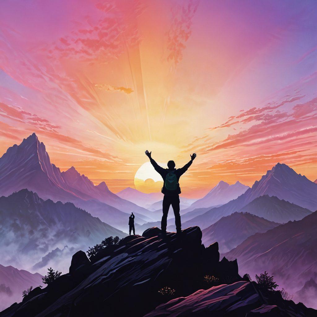 A resilient person standing atop a mountain, arms raised in triumph, surrounded by a vibrant sunrise symbolizing hope and empowerment. In the foreground, silhouettes of diverse individuals supporting each other, displaying unity and strength. Soft pastel colors blending into a warm sky, evoking a sense of victory and encouragement. super-realistic. vibrant colors. inspirational.